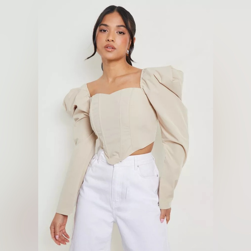 BOOHOO BEIGE PETITE VOLUME SLEEVE COTTON CORSET TOP